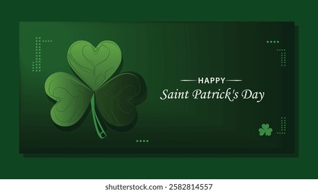 A stylish St. Patrick's Day greeting card featuring a heart-shaped green clover with subtle accents on a deep green background, symbolizing luck and the festive spirit of the day