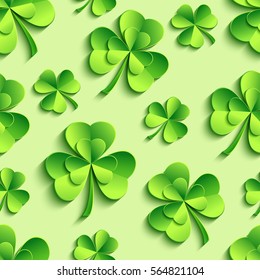 Stylish st. Patrick's day seamless pattern with green stylized 3d leaf clover cutting paper. Spring nature background. Floral trendy modern wallpaper. Vector illustration