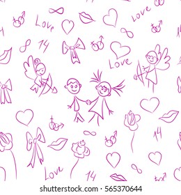 Stylish St. Valentine's Day vector seamless pattern with cute childish hand drawn illustrations. Valentine's  Day vector background with silhouette of angels, hearts, roses, lips, ribbons