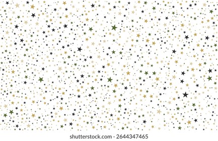 Stylish starry design with scattered black, gold, and green stars on a clean white backdrop. Perfect for wallpapers, festive graphics, or modern design accents.