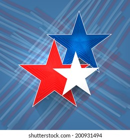 Stylish stars in American National Flag colors on blue abstract background for Independence Day celebrations. 