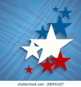 Stylish stars in American National Flag colors on abstract blue background fr 4th of July, American Independence Day celebrations. 