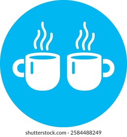 A stylish Steaming Coffee Cups icon in crisp white on a light Cambridge blue background. Warm and inviting, symbolizing relaxation, comfort, and energy with a modern, minimalist design.