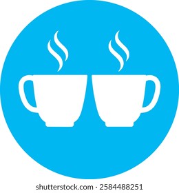 A stylish Steaming Coffee Cups icon in crisp white on a light Cambridge blue background. Warm and inviting, symbolizing relaxation, comfort, and energy with a modern, minimalist design.