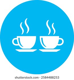 A stylish Steaming Coffee Cups icon in crisp white on a light Cambridge blue background. Warm and inviting, symbolizing relaxation, comfort, and energy with a modern, minimalist design.