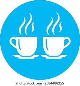 A stylish Steaming Coffee Cups icon in crisp white on a light Cambridge blue background. Warm and inviting, symbolizing relaxation, comfort, and energy with a modern, minimalist design.