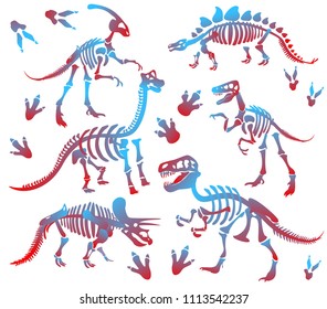 Stylish, Steep, Dinosaur Skeletons,dinosaur Bones. Triceratops, Tyrannosaurus, Brahiosaurus, Velociraptor, Stegosaurus, Parasaurolophus. Modern Vector Flat Design Image Isolated On White Background