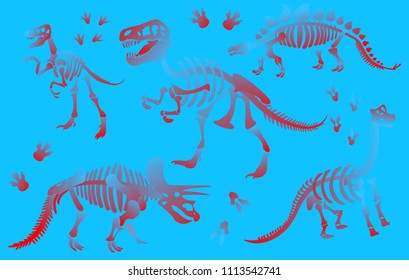 Stylish, steep, dinosaur skeletons,dinosaur bones. Triceratops, Tyrannosaurus, Brahiosaurus, Velociraptor, Stegosaurus, Parasaurolophus. Modern vector flat design image isolated on blue background