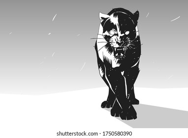 Stylish stencil black panther for poster, comic, icon, card. Wild life animals. High-contrast black and white black panther graphic.