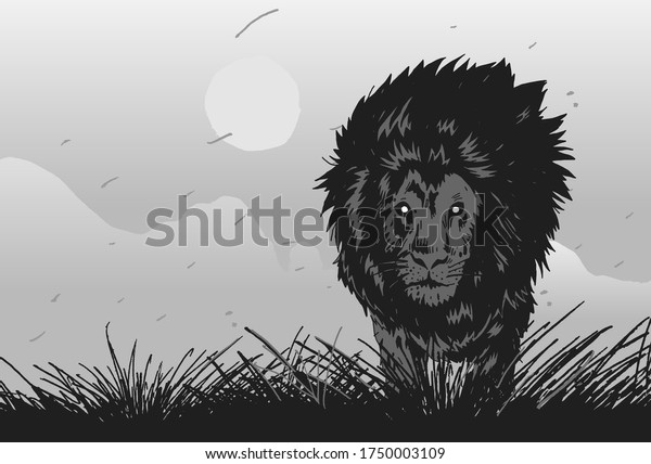 Stylish stencil lion for poster, comic, icon, card. Wild life animals. High-contrast black and white lion graphic.