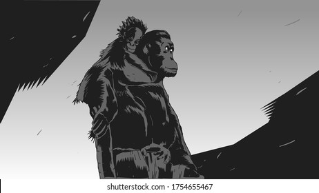 Stylish stencil orangutan for poster, comic, icon, card. Wild life animals. High-contrast black and white orangutan graphic.