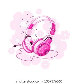 Stylish stereo headphones with a pink floral design. Musical accessories for sports. Vector cartoon illustration.