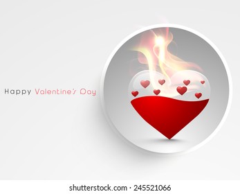 Stylish sticker with beautiful heart in fire for Happy Valentines Day celebration.