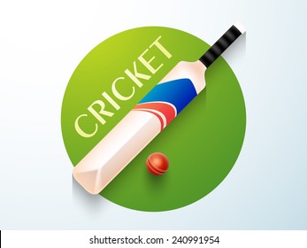 Stylish sticker or label design with bat and ball for Cricket.