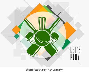 Stylish sticker or label design with cricket bats, ball, wicket stumps and helmet on abstract background.