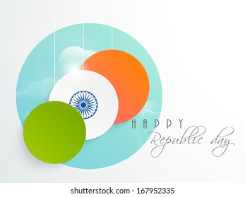 Stylish sticker in national tricolours with ashoka wheel on blue background for Happy Republic Day celebration. 