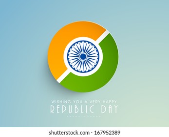 Stylish sticker in national tricolours with ashoka wheel on blue background. 