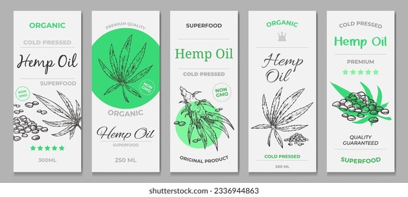 Stylish sticker for oil sale and advertising, vector illustration. Baner organic hemp oil. Leaves, root and seeds of medical hemp. Superfood logo, guaranteed quality, cold pressed.