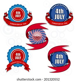 Stylish sticker, tag or badge with red ribbons on grey background for 4th of July, American Independence Day celebrations. 