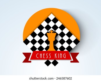 Stylish sticker, tag or label for chess with chess board and king figures on stylish background.