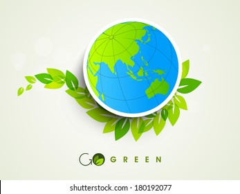 Stylish sticker, tag or label design with globe and green leaves on grey background. 