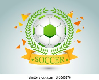 Stylish sticker, tag or label design with green shiny soccer ball and golden ribbon on blue background.