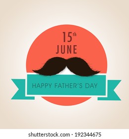 Adesivo elegante, tag ou design de etiqueta com bigode e texto elegante na fita verde para as celebrações do Dia dos Pais Felizes. 