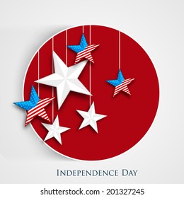 Stylish sticker, tag or label design with hanging stars on red background for 4th of July, American Independence Day celebrations. 
