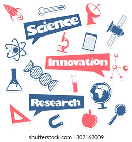 Stylish sticker tag or label design with various elements of science on grey background.