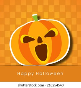 Stylish sticker, tag or label with scary pumpkin on abstract orange background for Happy Halloween party celebrations. 