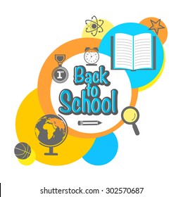 Stylish sticker, tag or label with text Back to School and educational objects on white background.