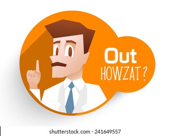 Stylish sticker with an umpire showing out and text Out Howzat on orange background for Cricket sports concept.