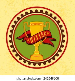 Stylish sticker with winning trophy covered by red ribbon for Cricket on grungy background.