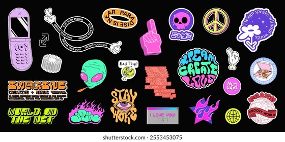 Stylish stickers for graphic design, patches with a message. Bright cartoon patches, acid stickers, groovy style, retro wave, funny and cute cartoon patches. Y2K retro vibe, cartoon groovy. Vector set