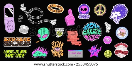 Stylish stickers for graphic design, patches with a message. Bright cartoon patches, acid stickers, groovy style, retro wave, funny and cute cartoon patches. Y2K retro vibe, cartoon groovy. Vector set