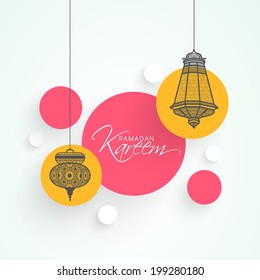 Stylish stickers with intricate hanging lanterns for holy month of Muslim community Ramadan Kareem. 