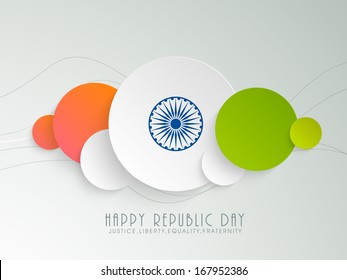 Stylish stickers in national tricolours with ashoka wheel on grey background. 