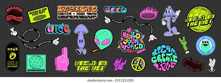 Stylish stickers on the theme of retro raves, trippy and y2k. Psychedelic and retro wave, groovy characters, lettering and futuristic font and elements, y2k stickers, with cool slogans. Vector set