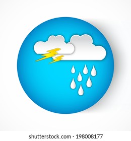 Stylish sticky blue design with clouds, thunder icon and rain drops for Monsoon Season.