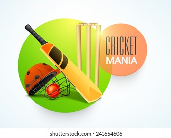 Stilvolles Design mit Fledermaus, rotem Ball, Helm und Weidenstumps für Cricket Mania.