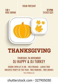 Stylish sticky design with glossy pumpkin, maple leaves and orange ribbon on grey background for Happy Thanksgiving Day celebrations vector Flyer.