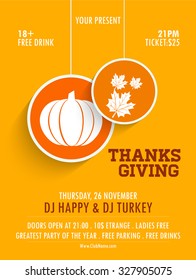 Stylish sticky design with glossy pumpkin, maple leaves and orange ribbon on grey background for Happy Thanksgiving Day celebrations vector Flyer.