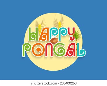 Stylish sticky design on blue background for South Indian harvesting festival, Happy Pongal celebrations.