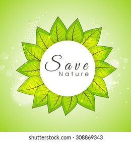 Stylish sticky design with shiny leaves on green background for Save Nature concept.
