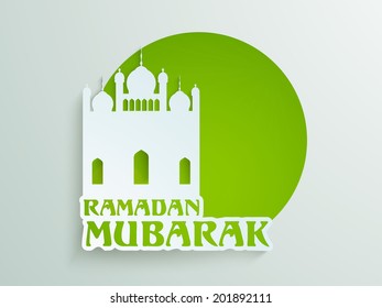 Stylish sticky design with white mosque on grey background for the celebrations of Muslim community holy month of Ramadan Mubarak. 