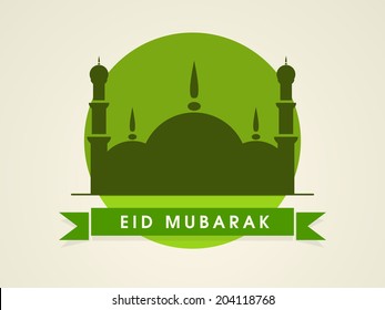 Stylish sticky with green mosque for muslim community festival Eid Mubarak celebrations. 