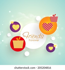 Stylish sticky for Happy Friendship Day celebrations with heart shape, gift boxes on shiny green background. 