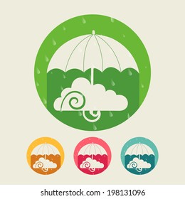 Stylish sticky set with illustration of an umbrella and creative cloud, available in green, yellow, pink and blue colors for Happy Monsoon. 