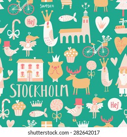 Stylish Stockholm concept seamless pattern in vector. House, church, gnome, birds, moose, bicycle, horse and other Stockholm symbols in cute green colors