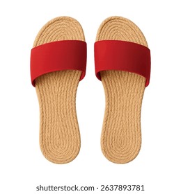 Stylish straw beach slides with bold red strap – vector illustration isolated on white background. Perfect for summer fashion mockups, vacation catalogs, and coastal accessory designs.